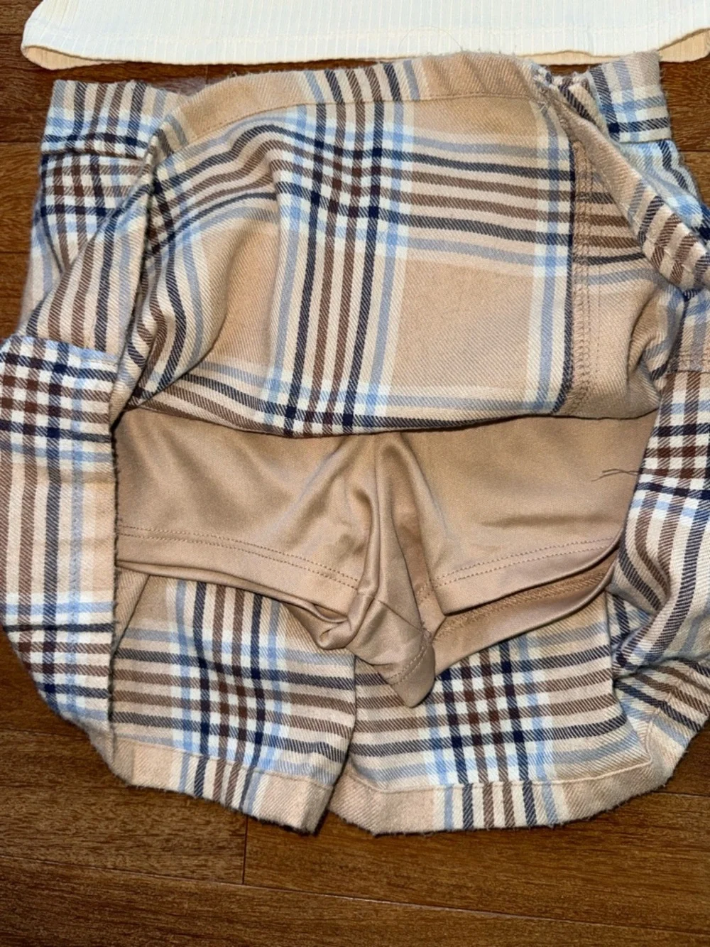 btween Cream Ribbed Tee with Tan & Blue Trim and Plaid Skort - Picture 3 of 4